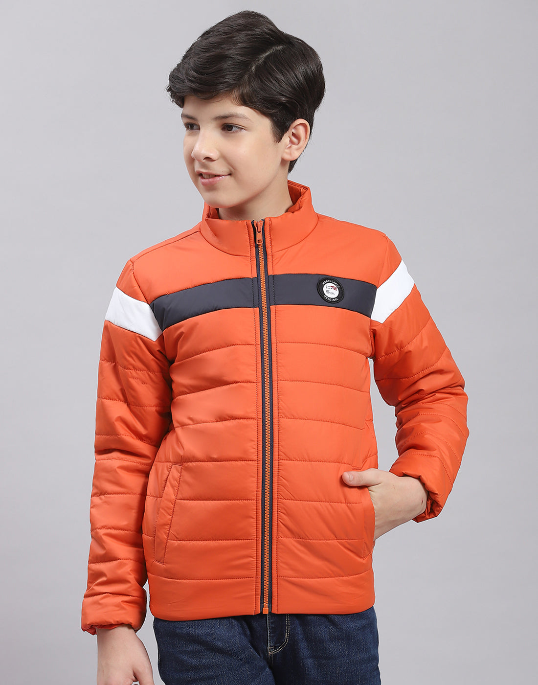 Boys Rust Solid Stand Collar Full Sleeve Boys Jacket