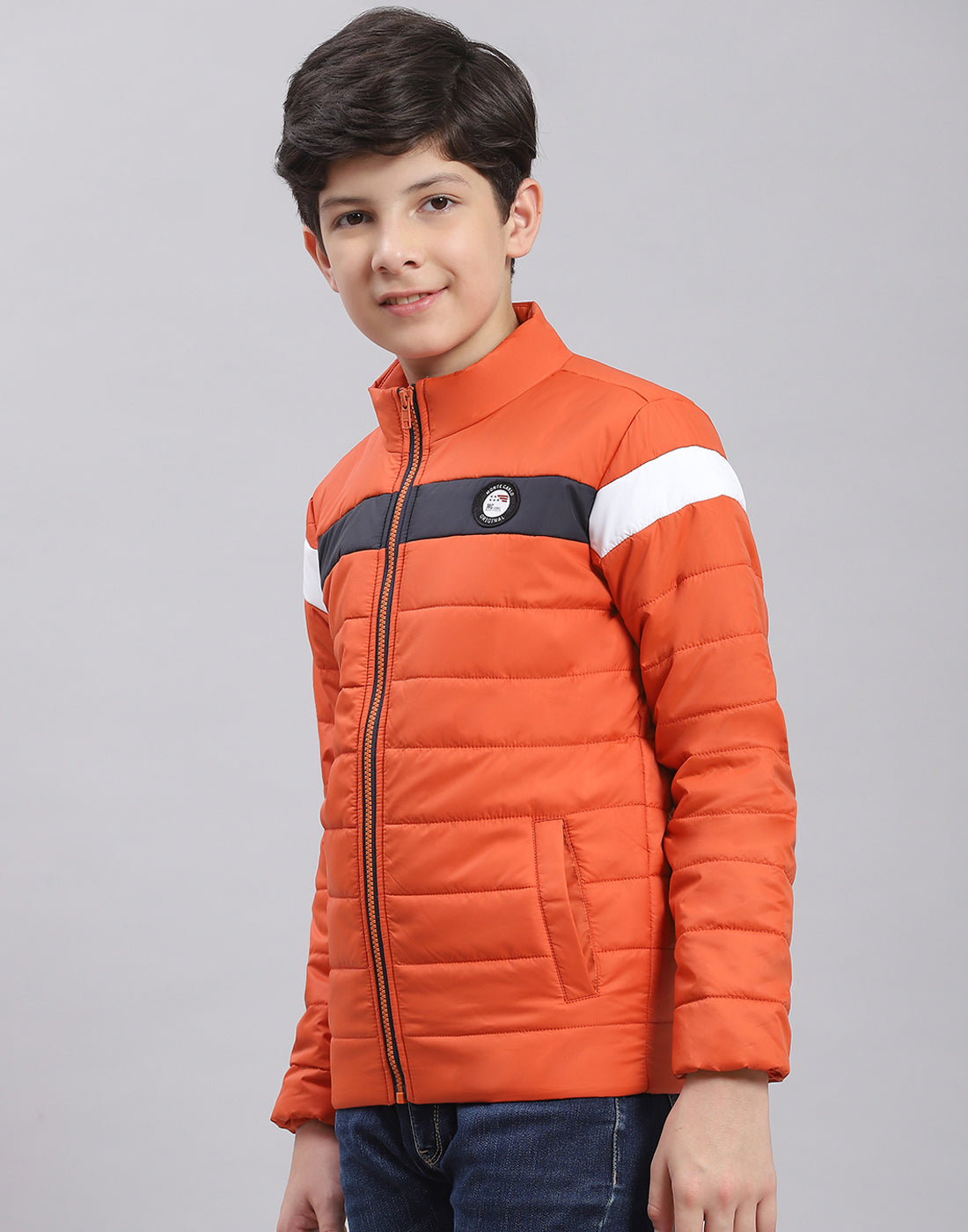Boys Rust Solid Stand Collar Full Sleeve Boys Jacket