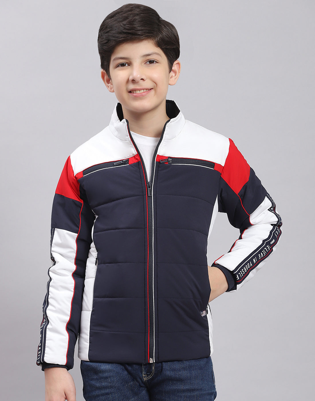 Boys Navy Blue Solid Stand Collar Full Sleeve Boys Jacket
