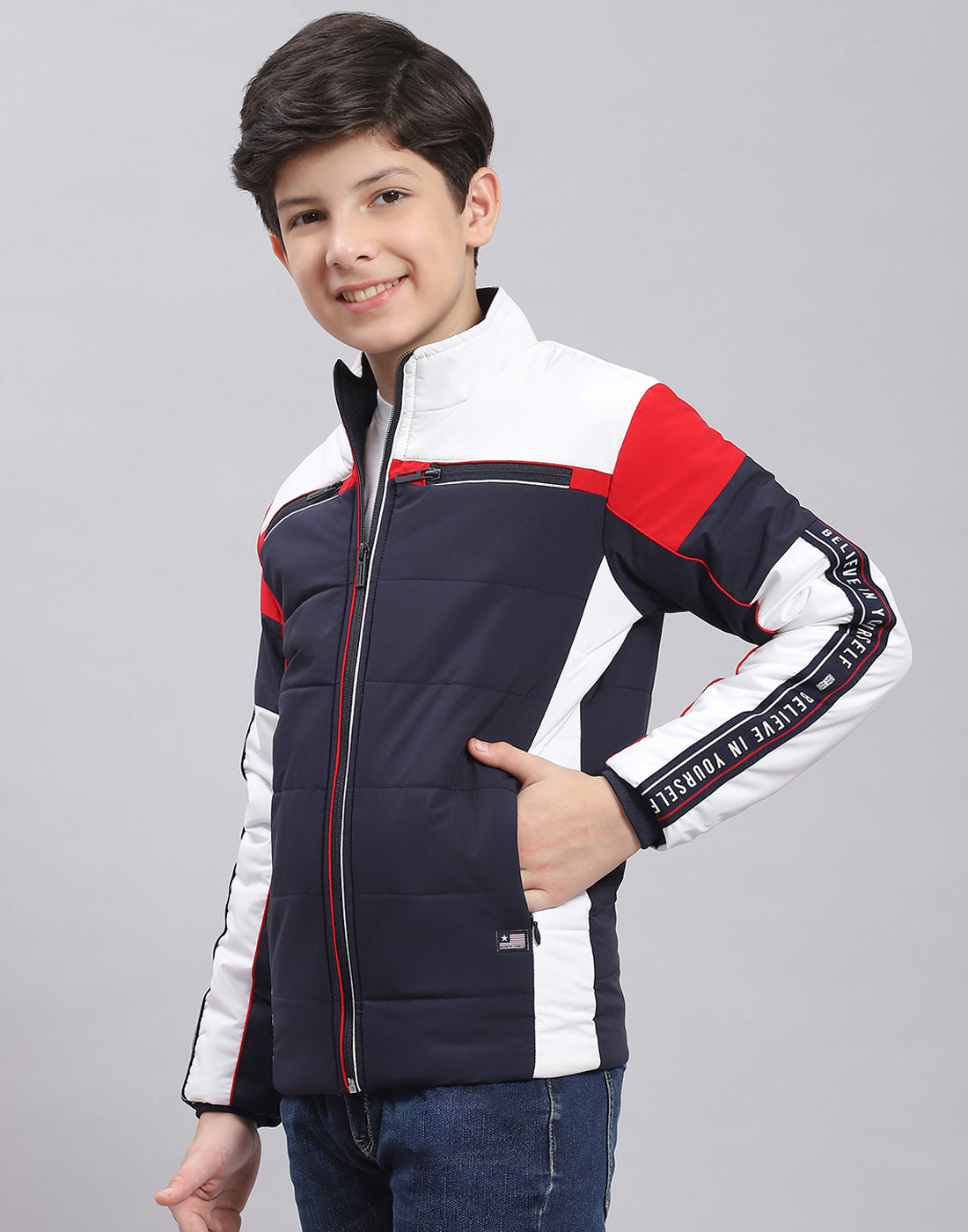 Boys Navy Blue Solid Stand Collar Full Sleeve Boys Jacket