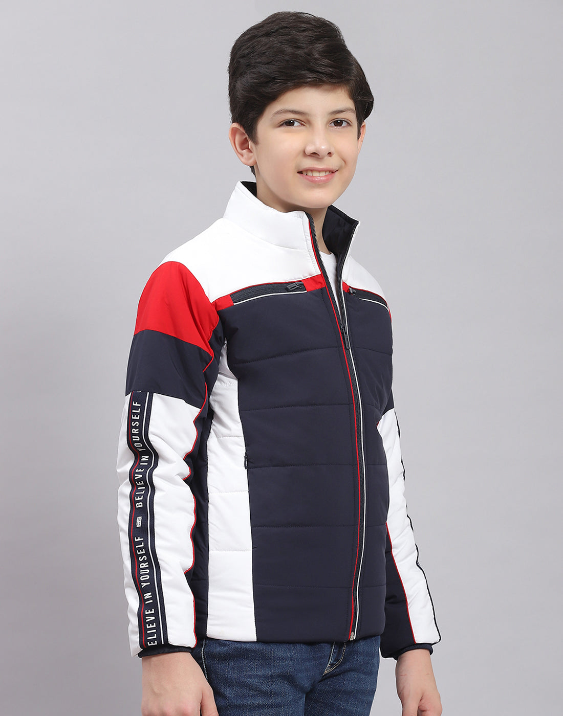 Boys Navy Blue Solid Stand Collar Full Sleeve Boys Jacket