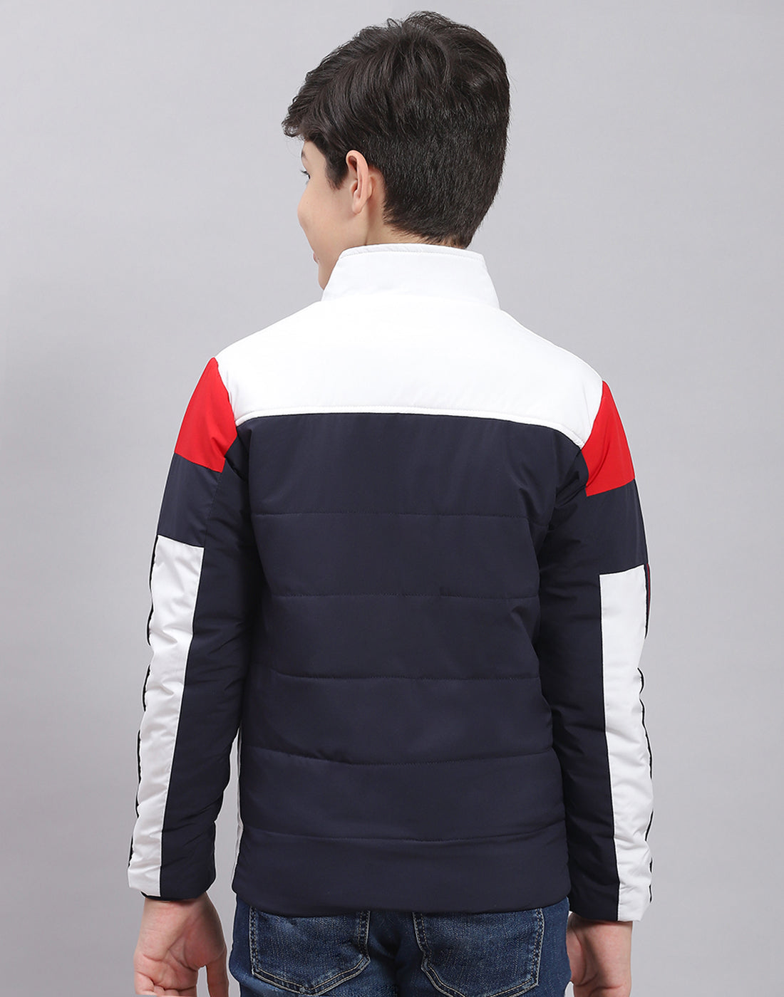 Boys Navy Blue Solid Stand Collar Full Sleeve Boys Jacket