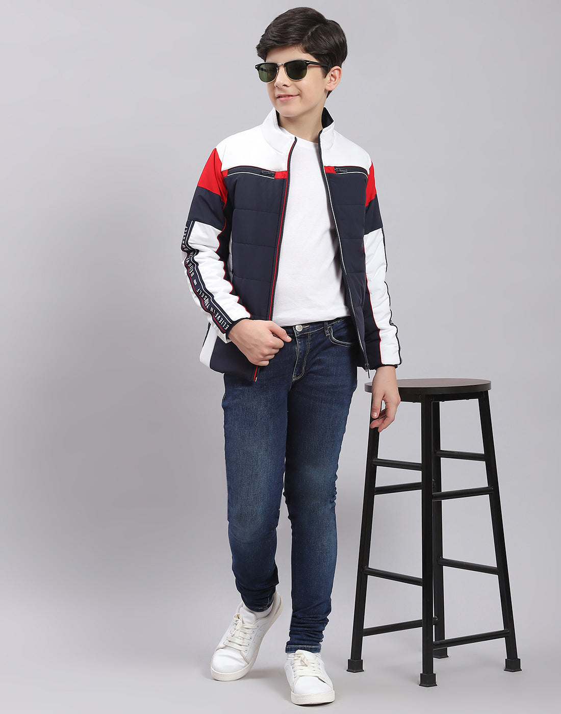 Boys Navy Blue Solid Stand Collar Full Sleeve Boys Jacket