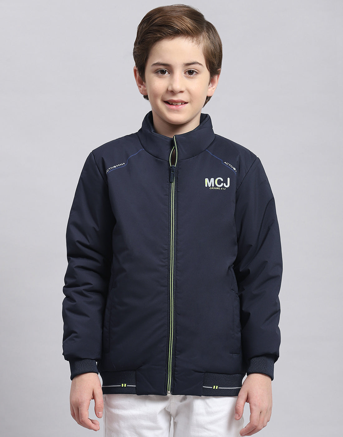 Boys Navy Blue Solid Stand Collar Full Sleeve Boys Jacket