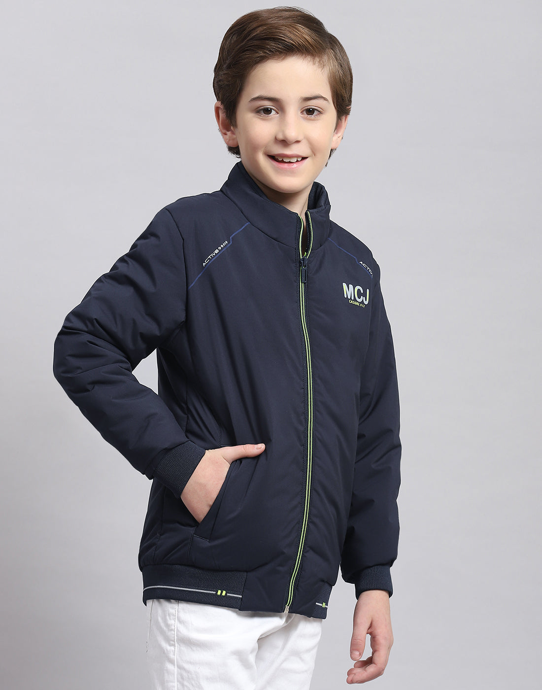Boys Navy Blue Solid Stand Collar Full Sleeve Boys Jacket