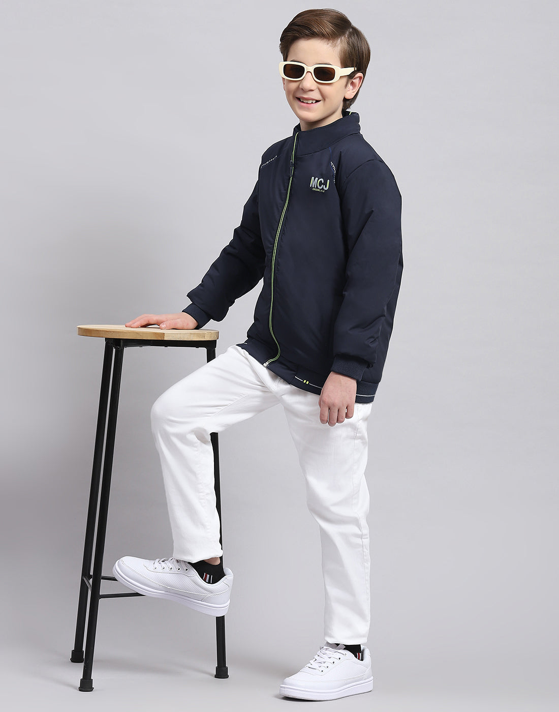 Boys Navy Blue Solid Stand Collar Full Sleeve Boys Jacket