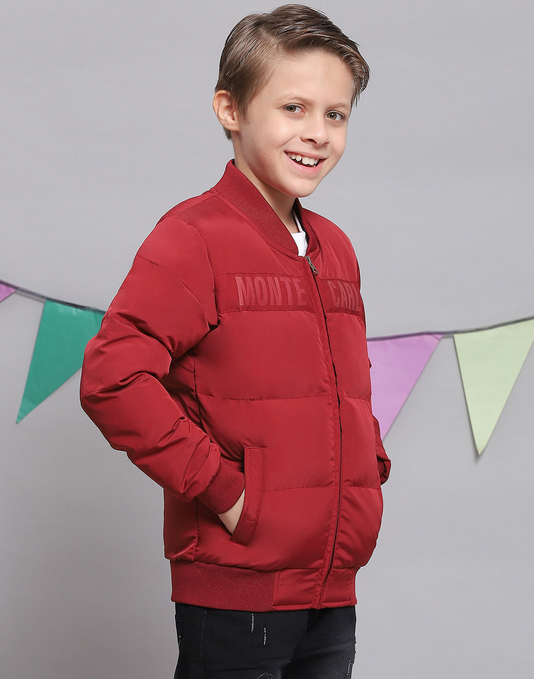 Boys Red Solid Stand Collar Full Sleeve Boys Jacket