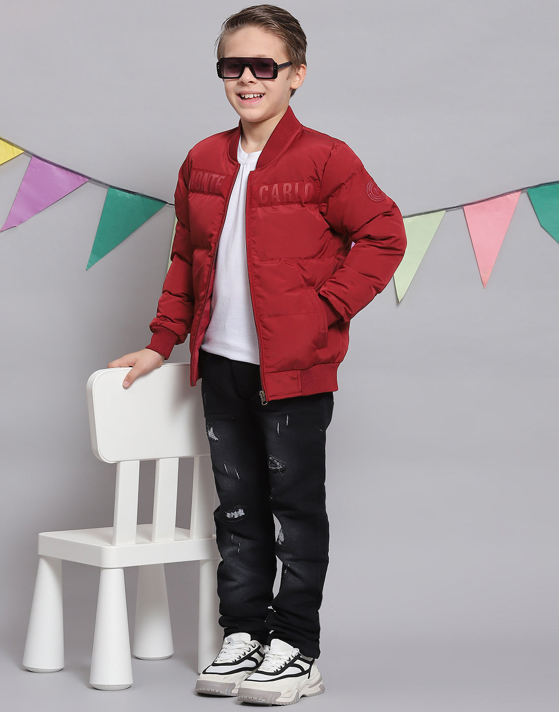 Boys Red Solid Stand Collar Full Sleeve Boys Jacket
