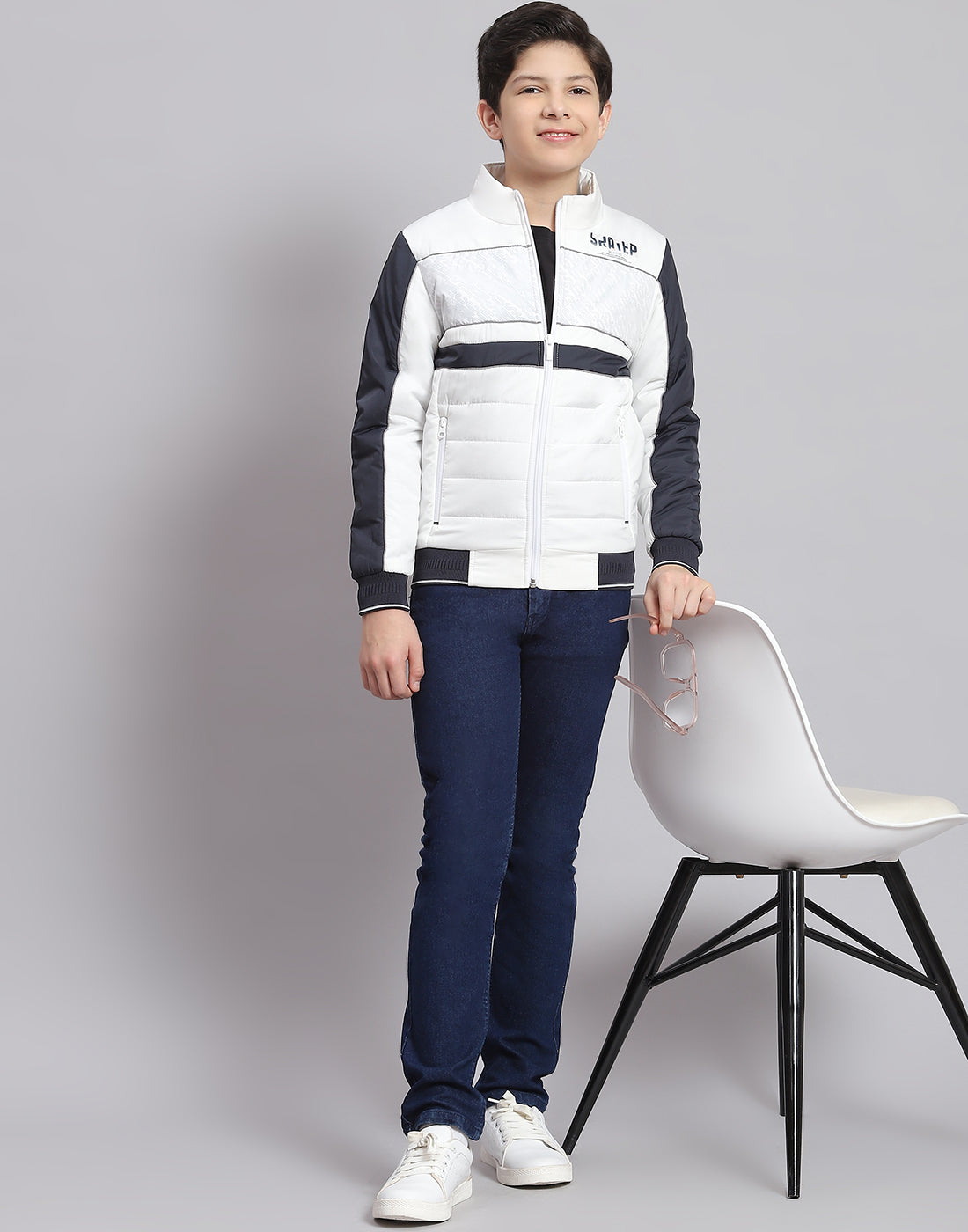 Boys White Printed Stand Collar Full Sleeve Boys Jacket