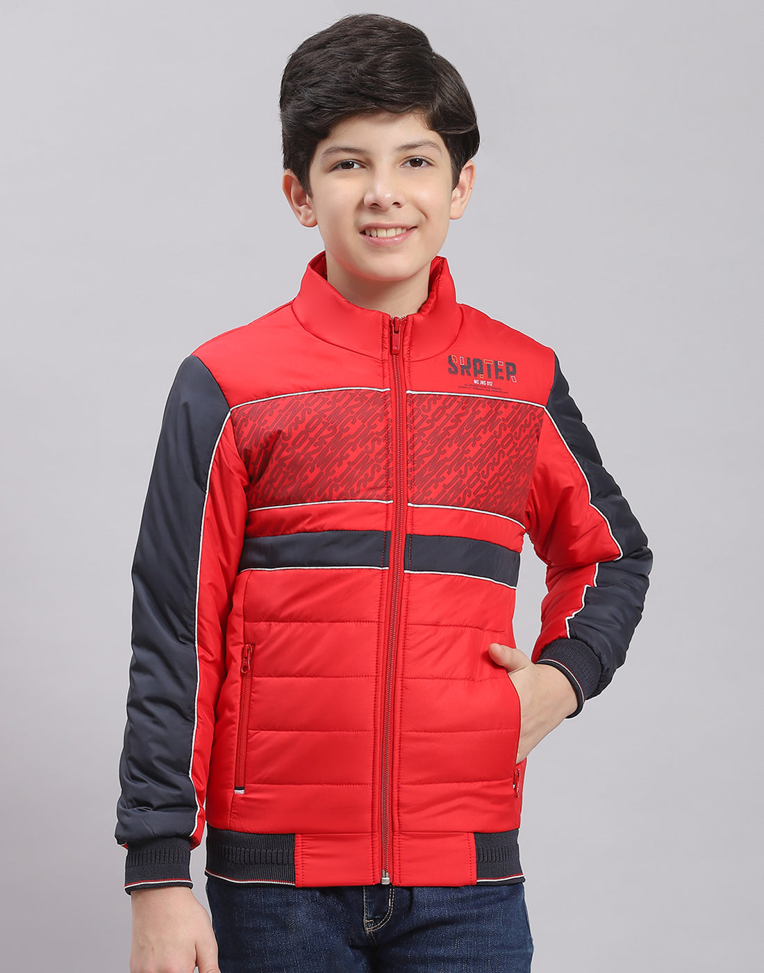 Boys Red Printed Stand Collar Full Sleeve Boys Jacket