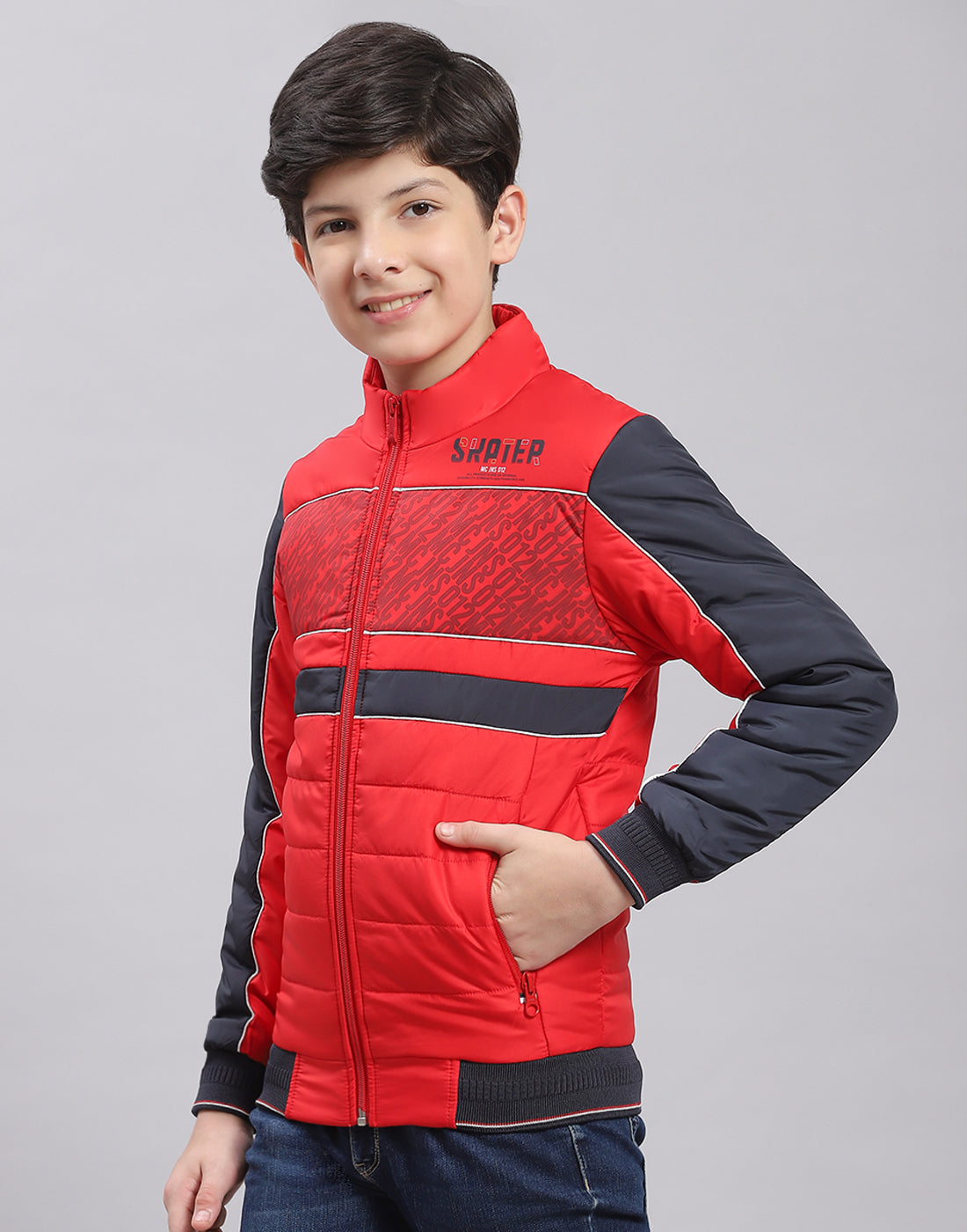 Boys Red Printed Stand Collar Full Sleeve Boys Jacket