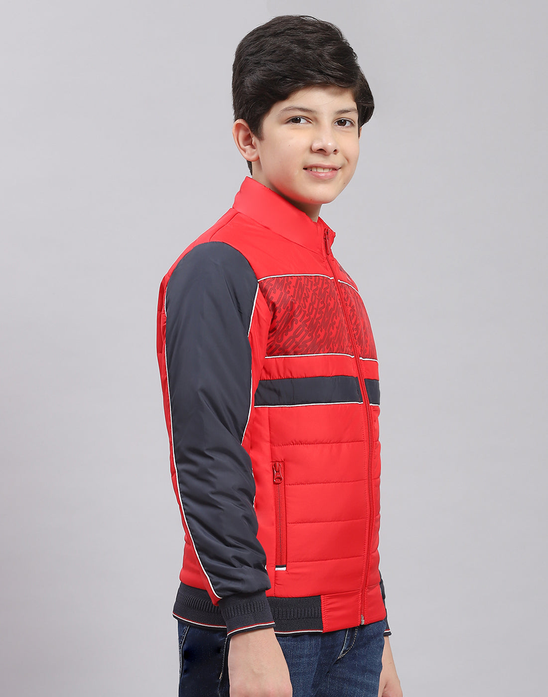 Boys Red Printed Stand Collar Full Sleeve Boys Jacket