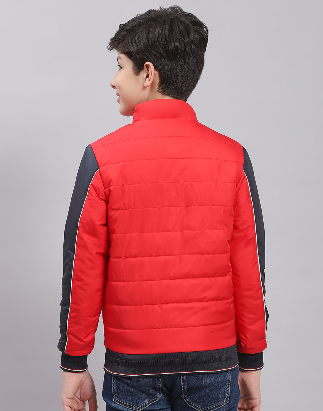 Boys Red Printed Stand Collar Full Sleeve Boys Jacket