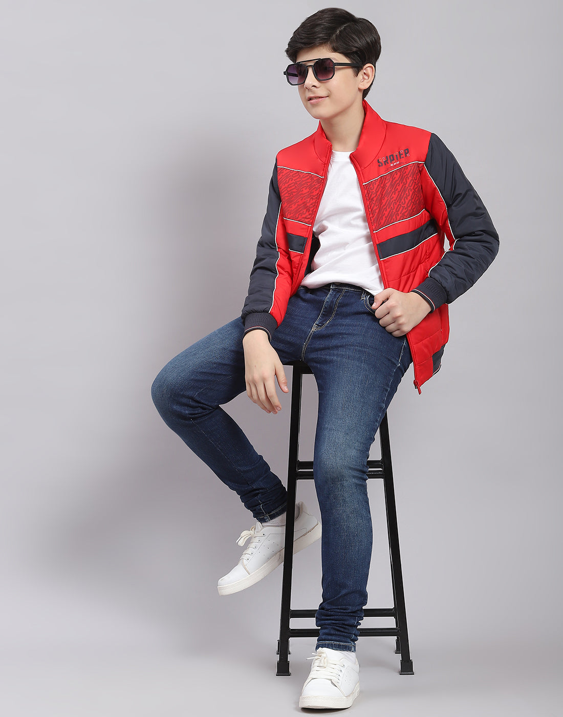 Boys Red Printed Stand Collar Full Sleeve Boys Jacket