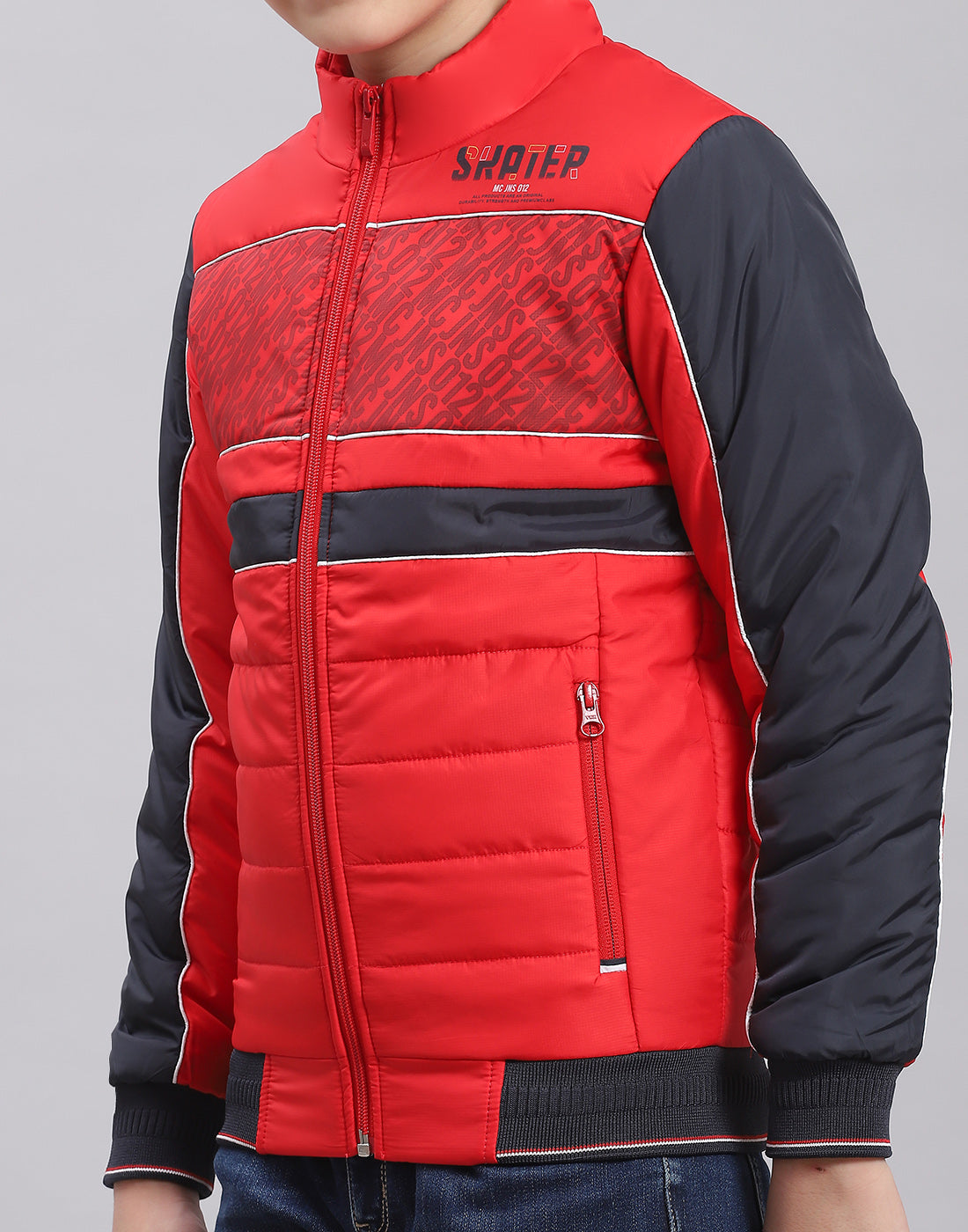 Boys Red Printed Stand Collar Full Sleeve Boys Jacket