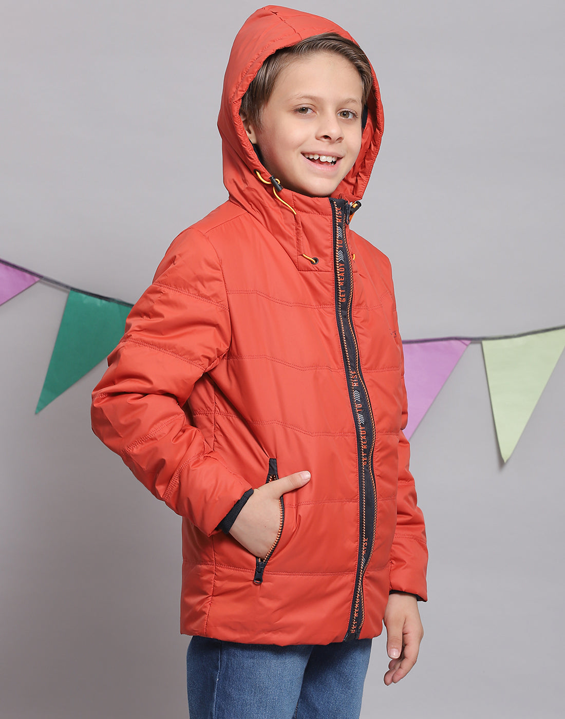 Boys Rust Solid Hooded Full Sleeve Boys Jacket
