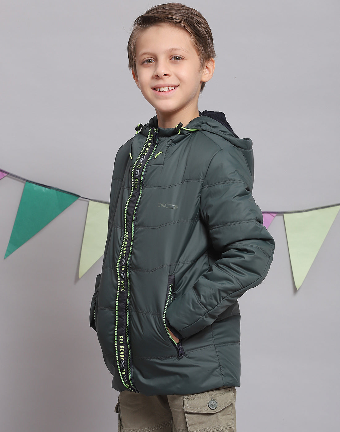 Boys Green Solid Hooded Full Sleeve Boys Jacket