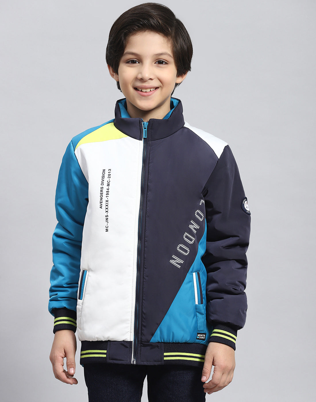 Boys Navy Blue Colourblocked Stand Collar Full Sleeve Boys Jacket