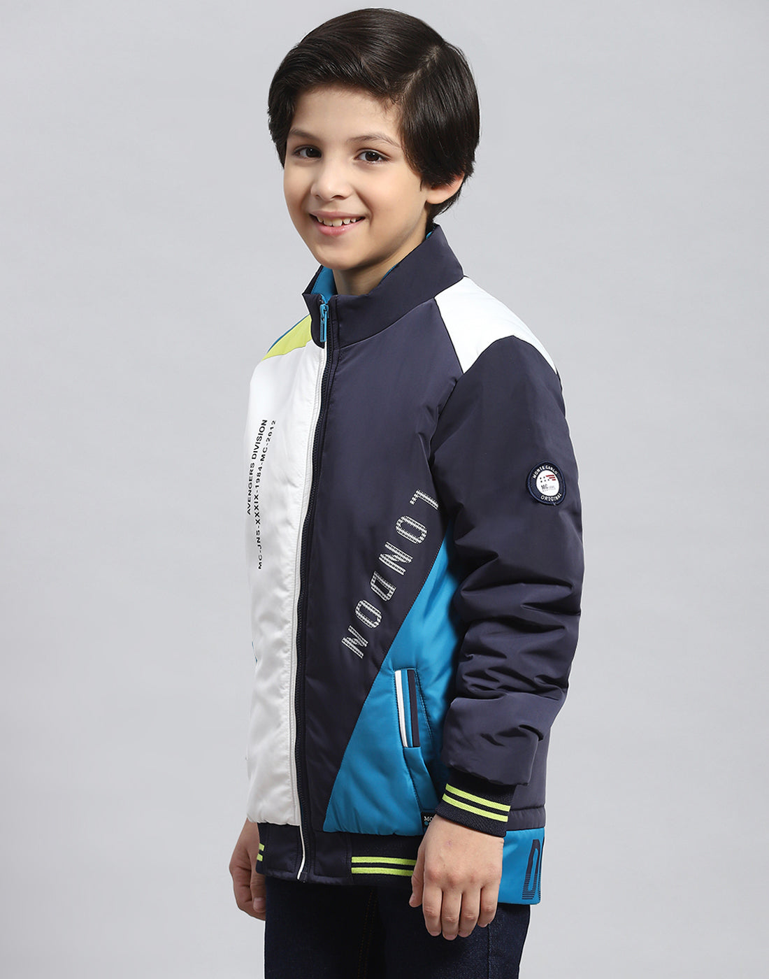 Boys Navy Blue Colourblocked Stand Collar Full Sleeve Boys Jacket