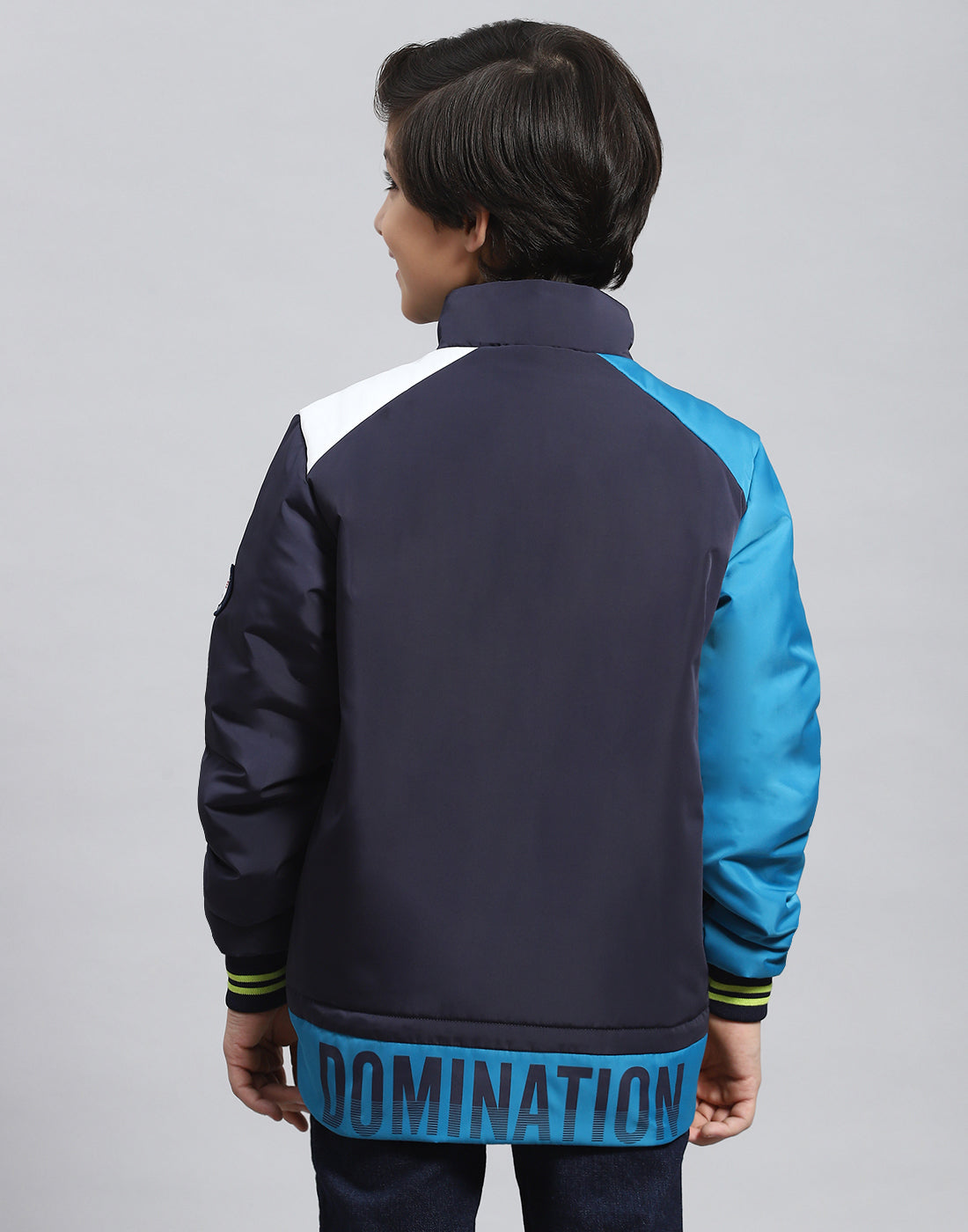 Boys Navy Blue Colourblocked Stand Collar Full Sleeve Boys Jacket