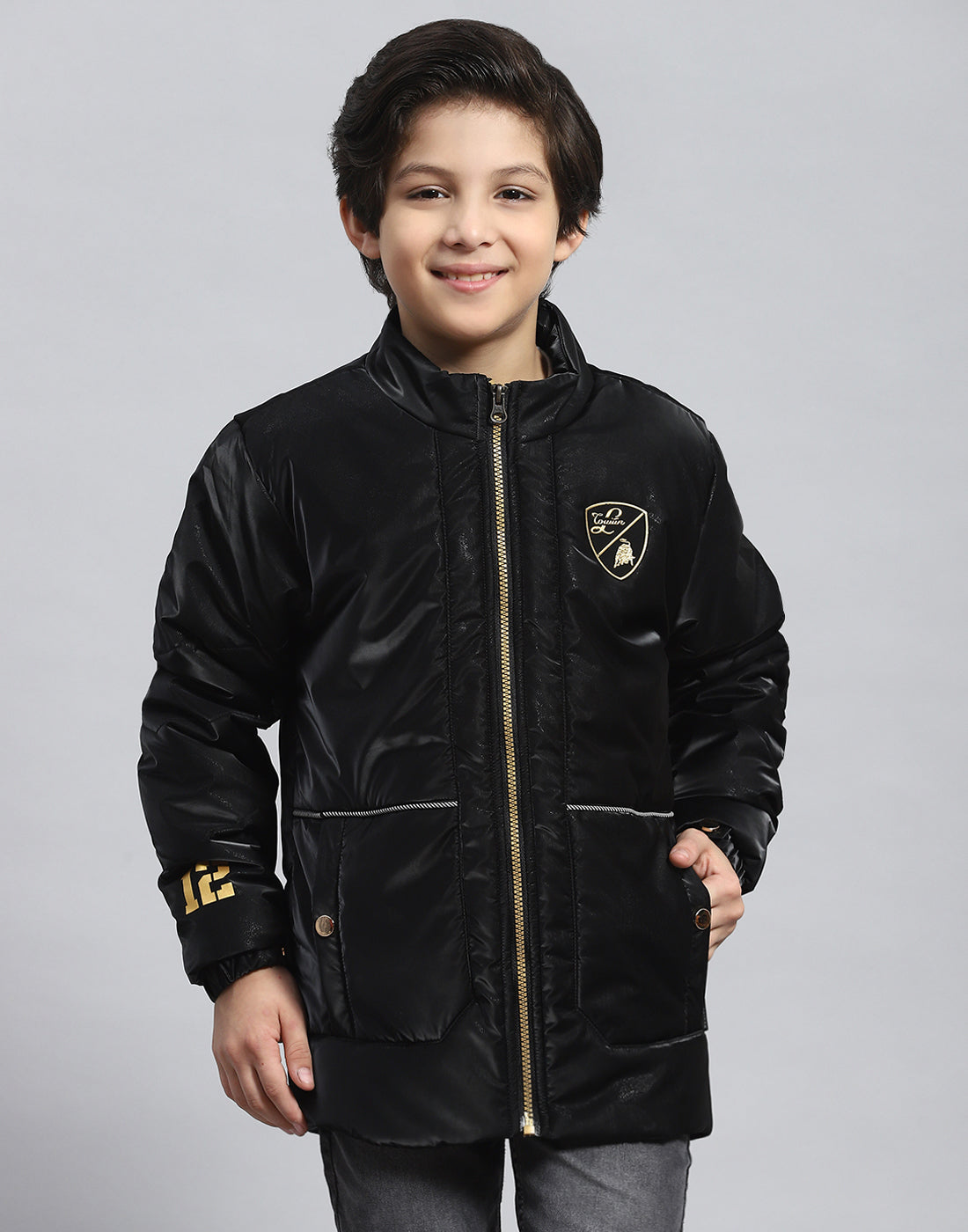 Boys Black Solid Stand Collar Full Sleeve Boys Jacket