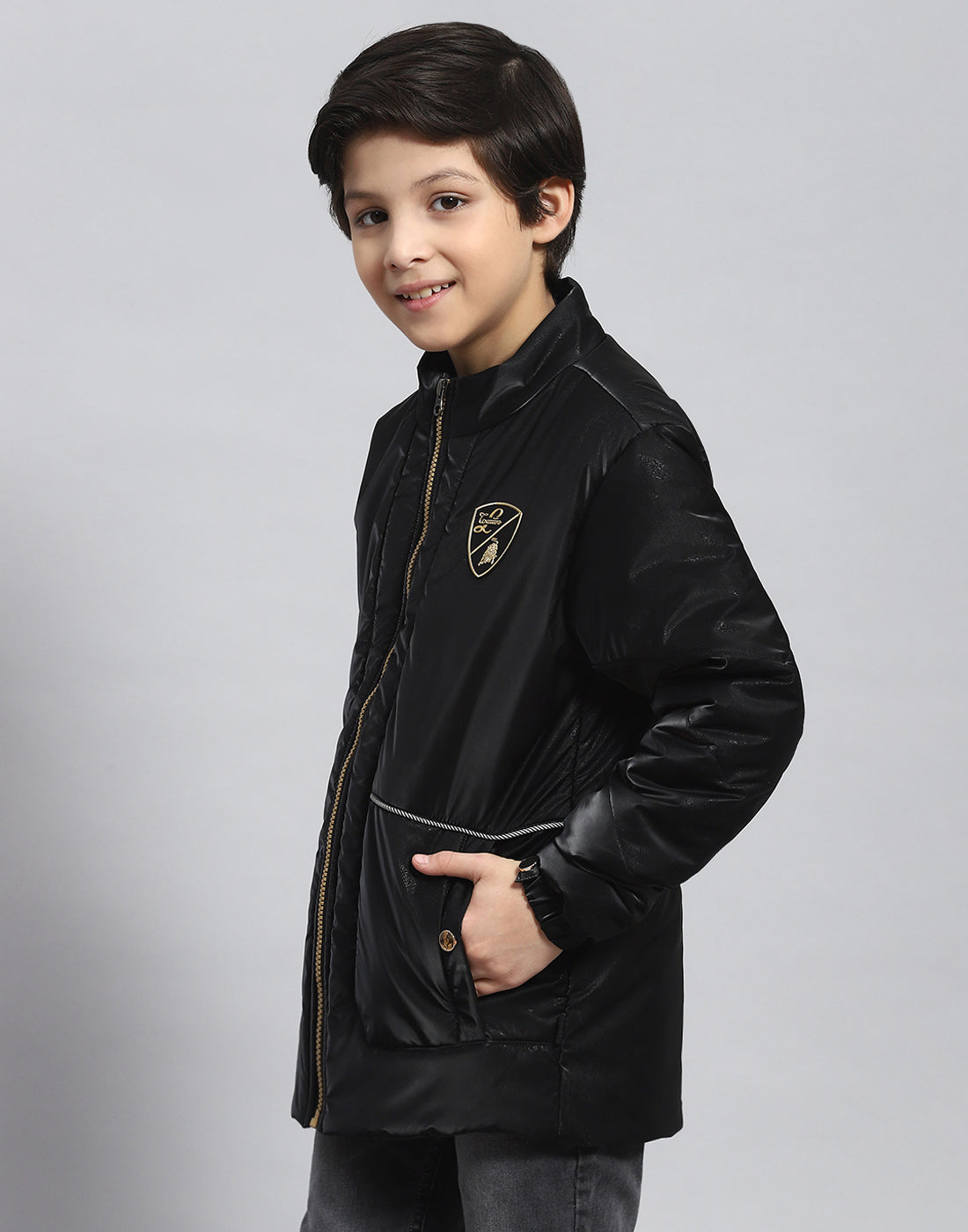 Boys Black Solid Stand Collar Full Sleeve Boys Jacket