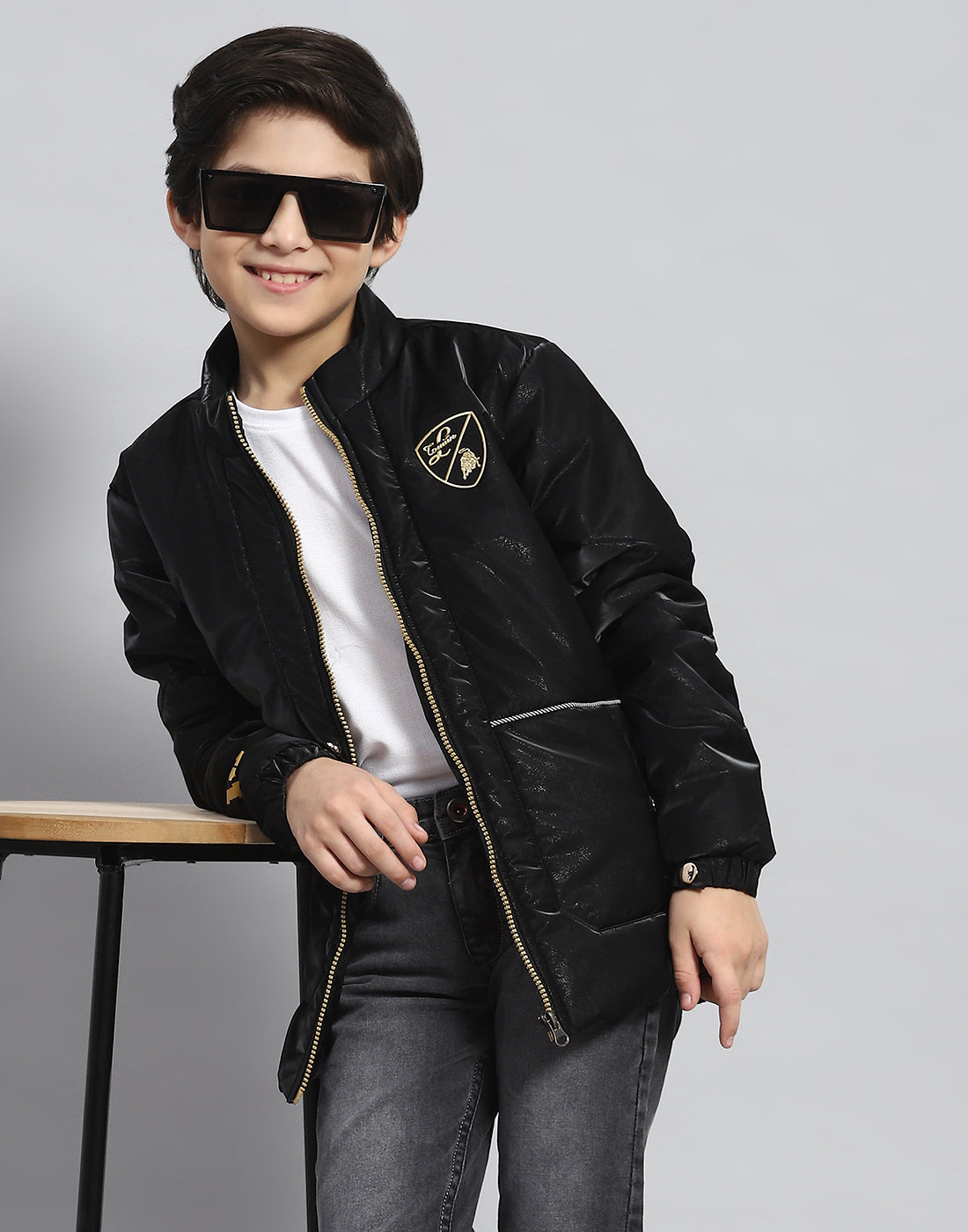 Boys Black Solid Stand Collar Full Sleeve Boys Jacket