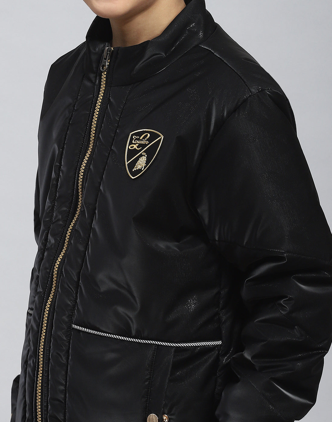 Boys Black Solid Stand Collar Full Sleeve Boys Jacket