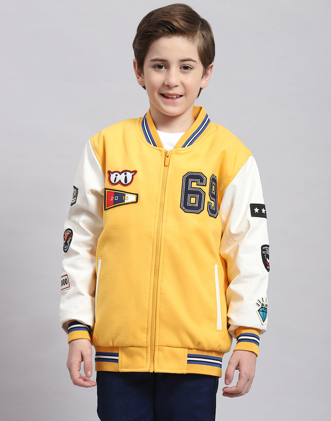 Boys Yellow Solid Stand Collar Full Sleeve Boys Jacket