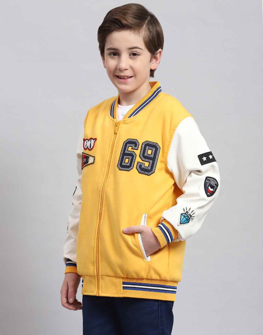 Boys Yellow Solid Stand Collar Full Sleeve Boys Jacket
