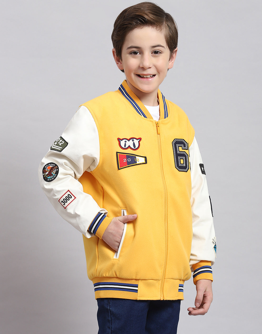 Boys Yellow Solid Stand Collar Full Sleeve Boys Jacket