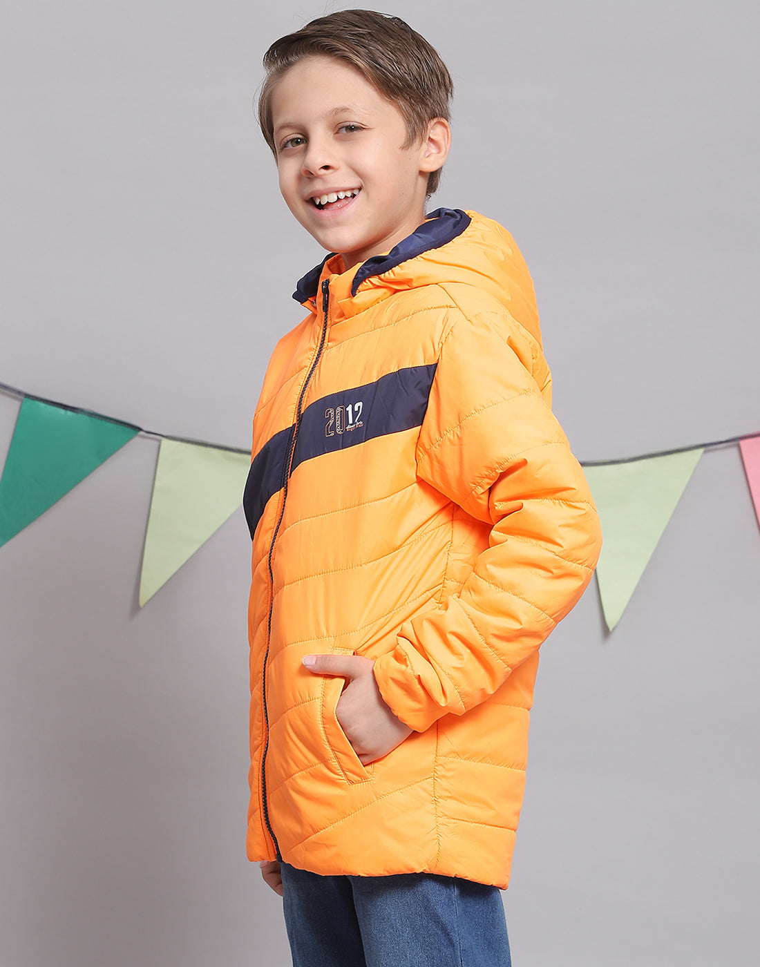 Boys Orange Solid Hooded Full Sleeve Boys Jacket