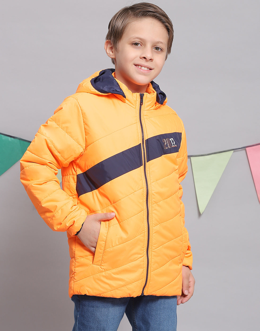 Boys Orange Solid Hooded Full Sleeve Boys Jacket
