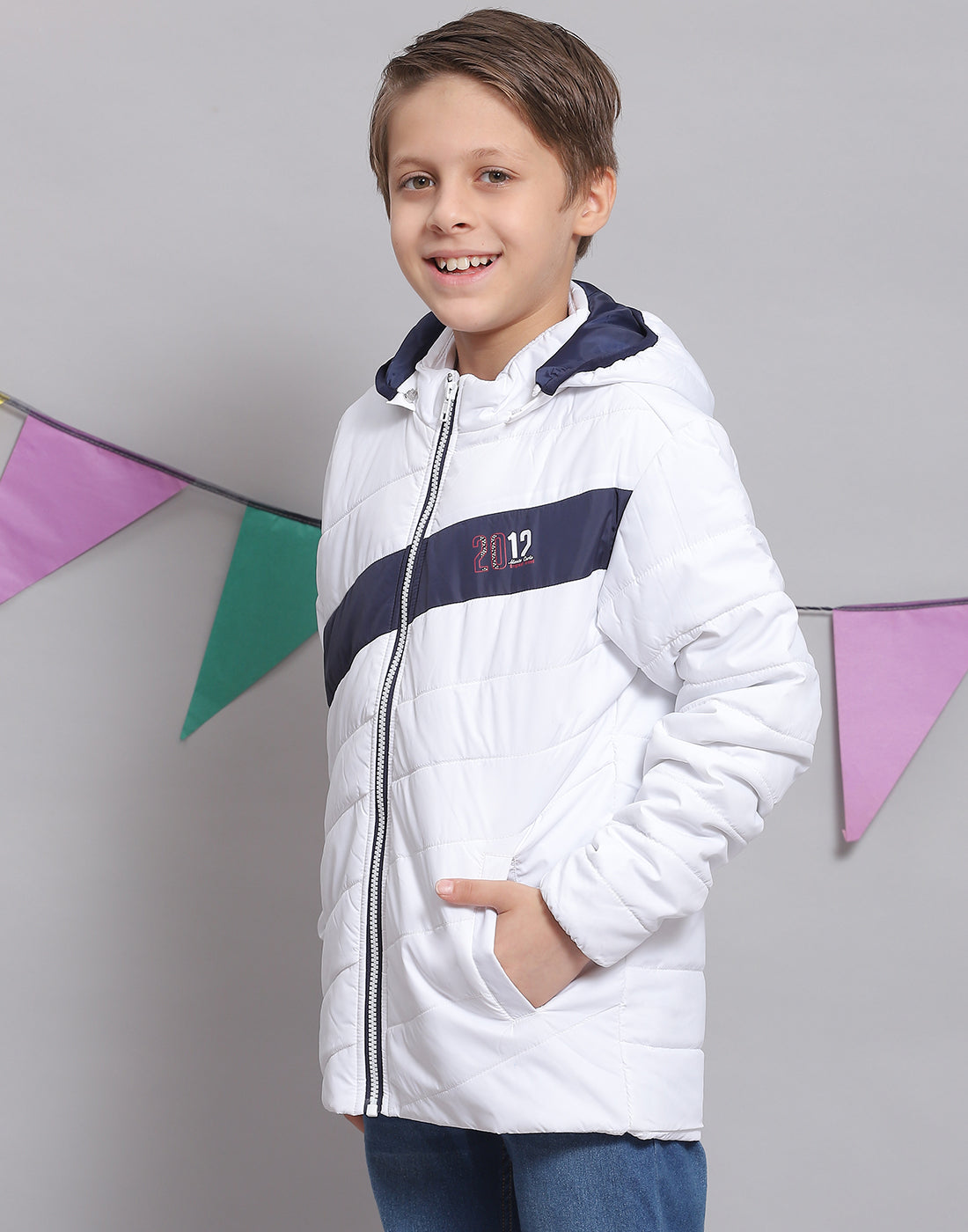 Boys White Solid Hooded Full Sleeve Boys Jacket