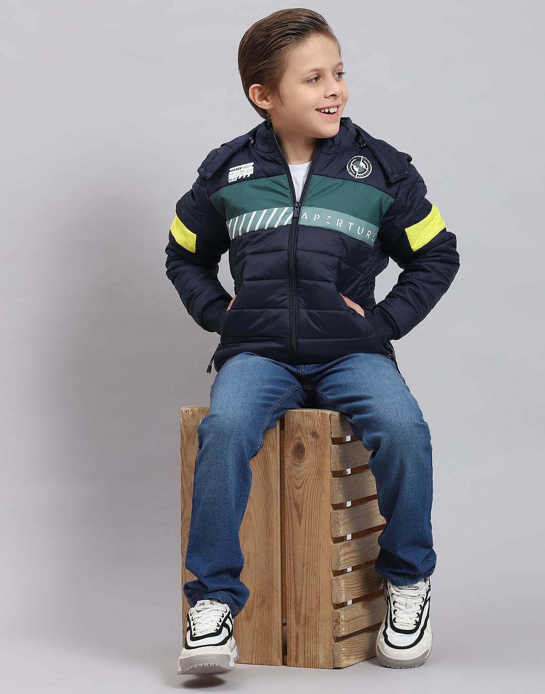 Boys Navy Blue Solid Hooded Full Sleeve Boys Jacket
