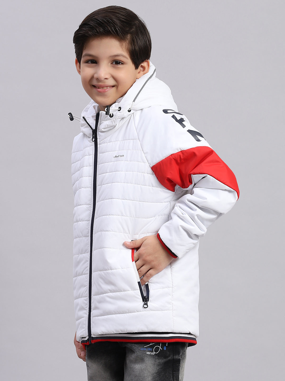 Boys White Solid Hooded Full Sleeve Boys Jacket