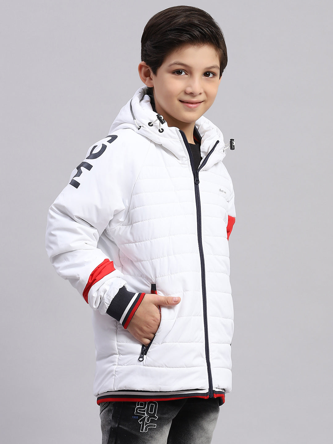Boys White Solid Hooded Full Sleeve Boys Jacket