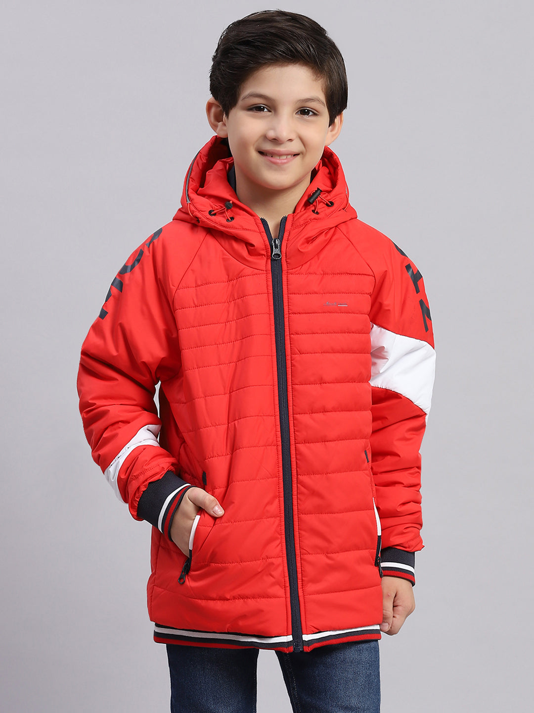 Boys Red Solid Hooded Full Sleeve Boys Jacket