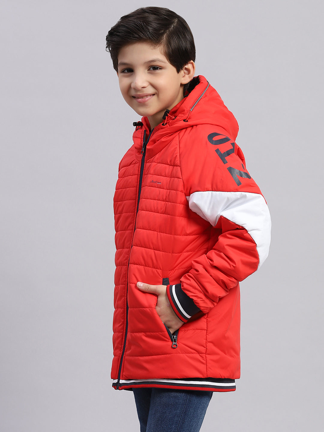Boys Red Solid Hooded Full Sleeve Boys Jacket