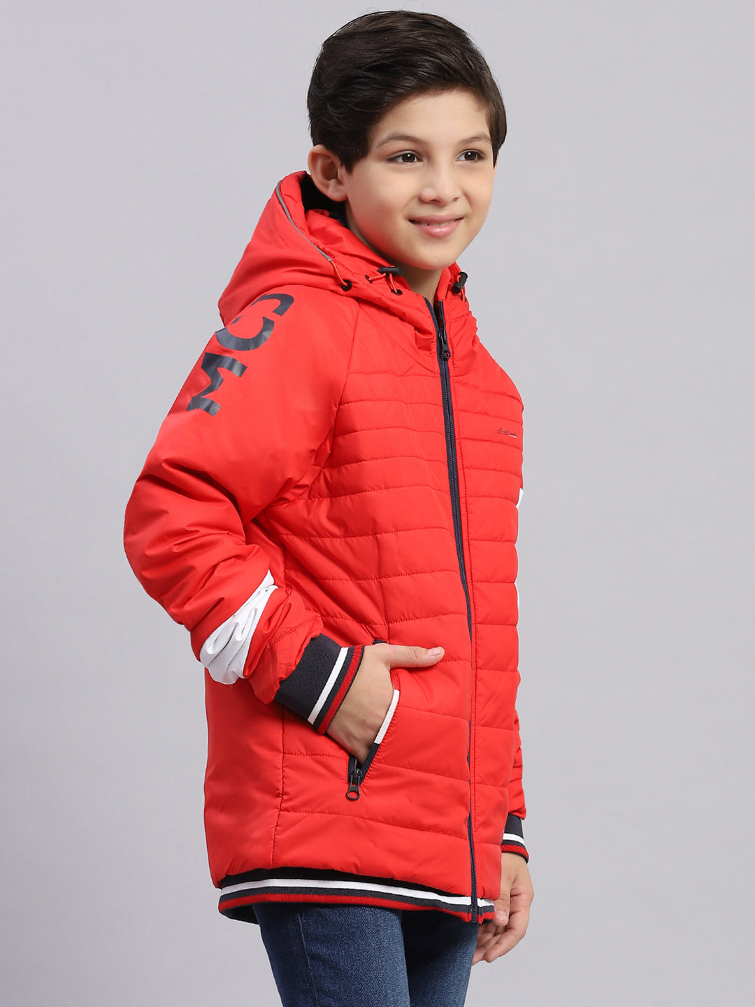 Boys Red Solid Hooded Full Sleeve Boys Jacket