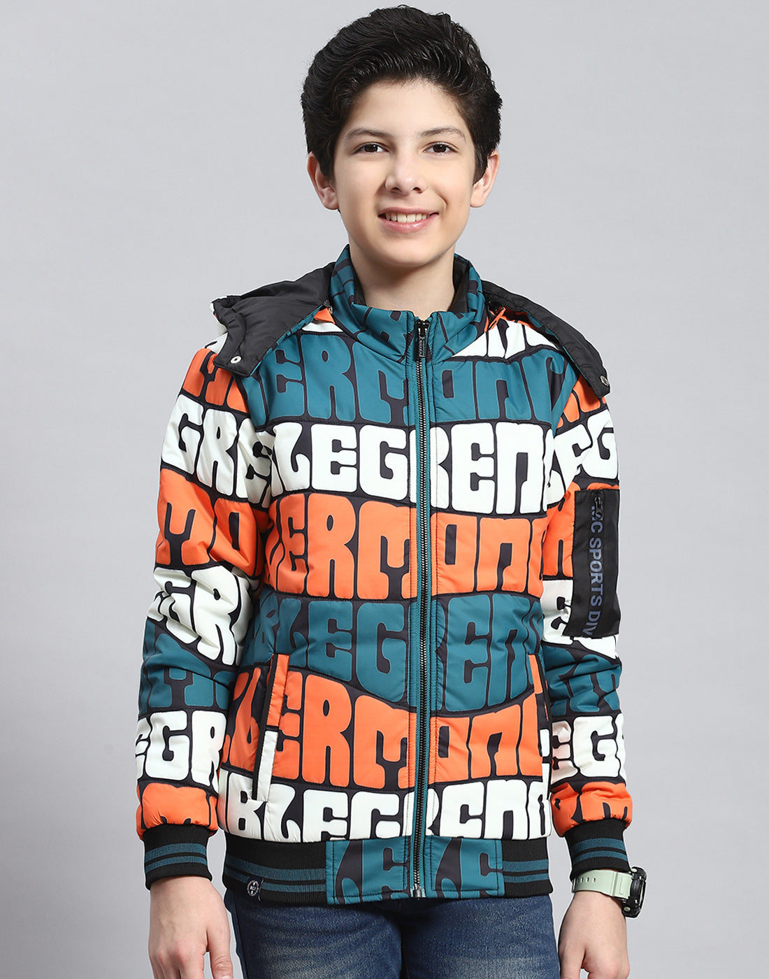Boys Teal Blue Printed Hooded Full Sleeve Boys Jacket