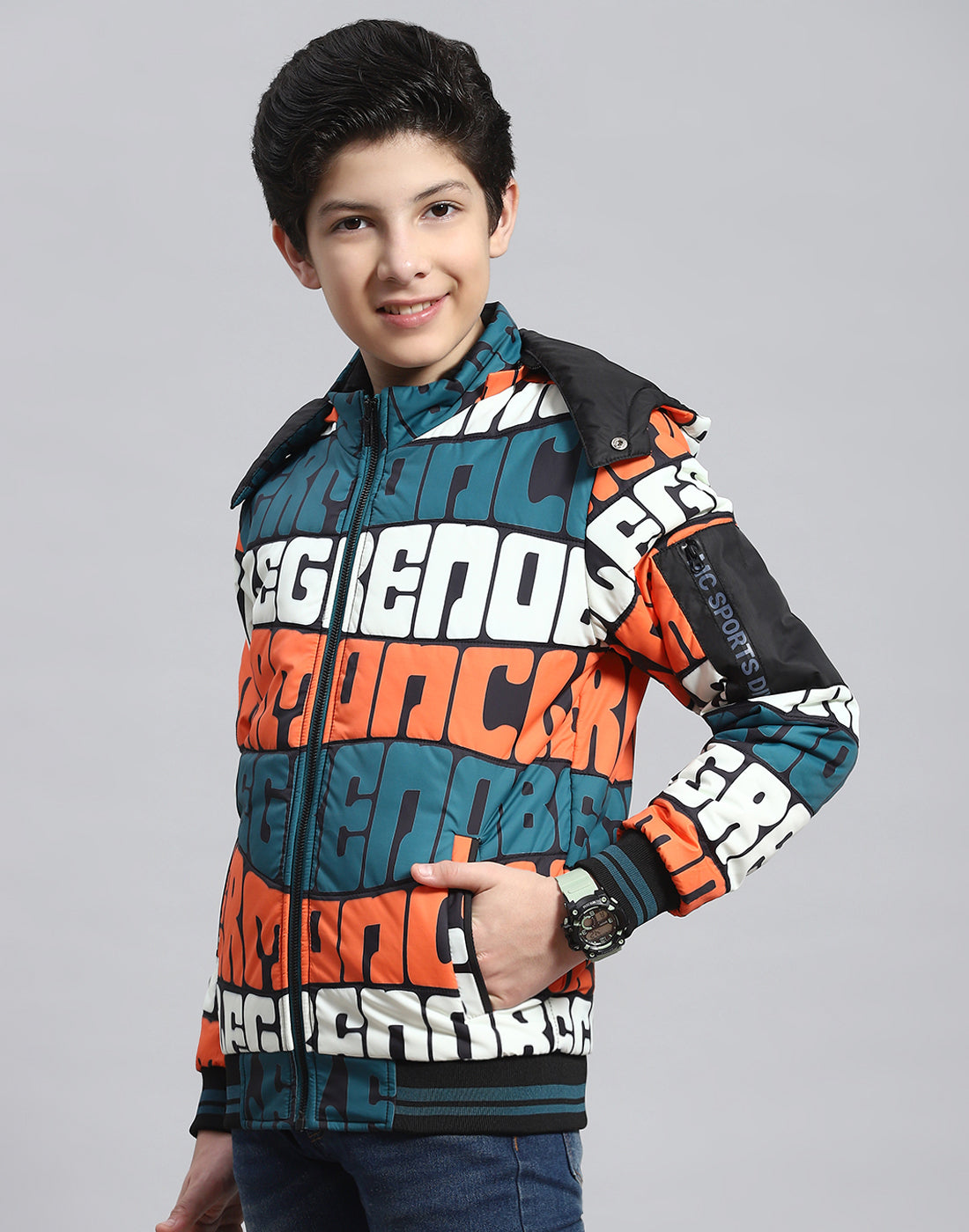 Boys Teal Blue Printed Hooded Full Sleeve Boys Jacket