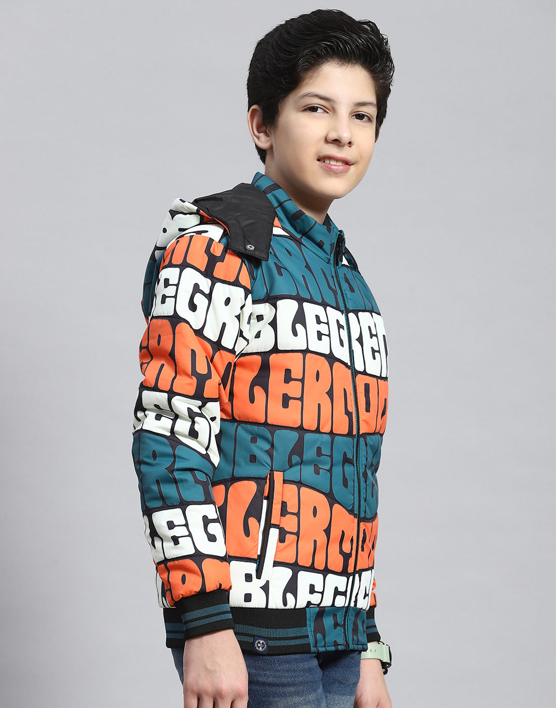 Boys Teal Blue Printed Hooded Full Sleeve Boys Jacket