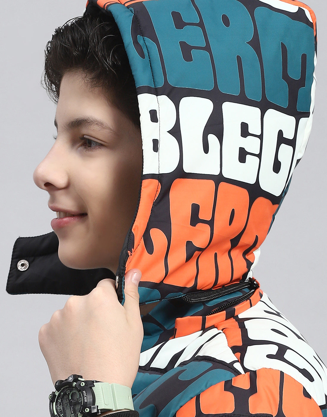 Boys Teal Blue Printed Hooded Full Sleeve Boys Jacket