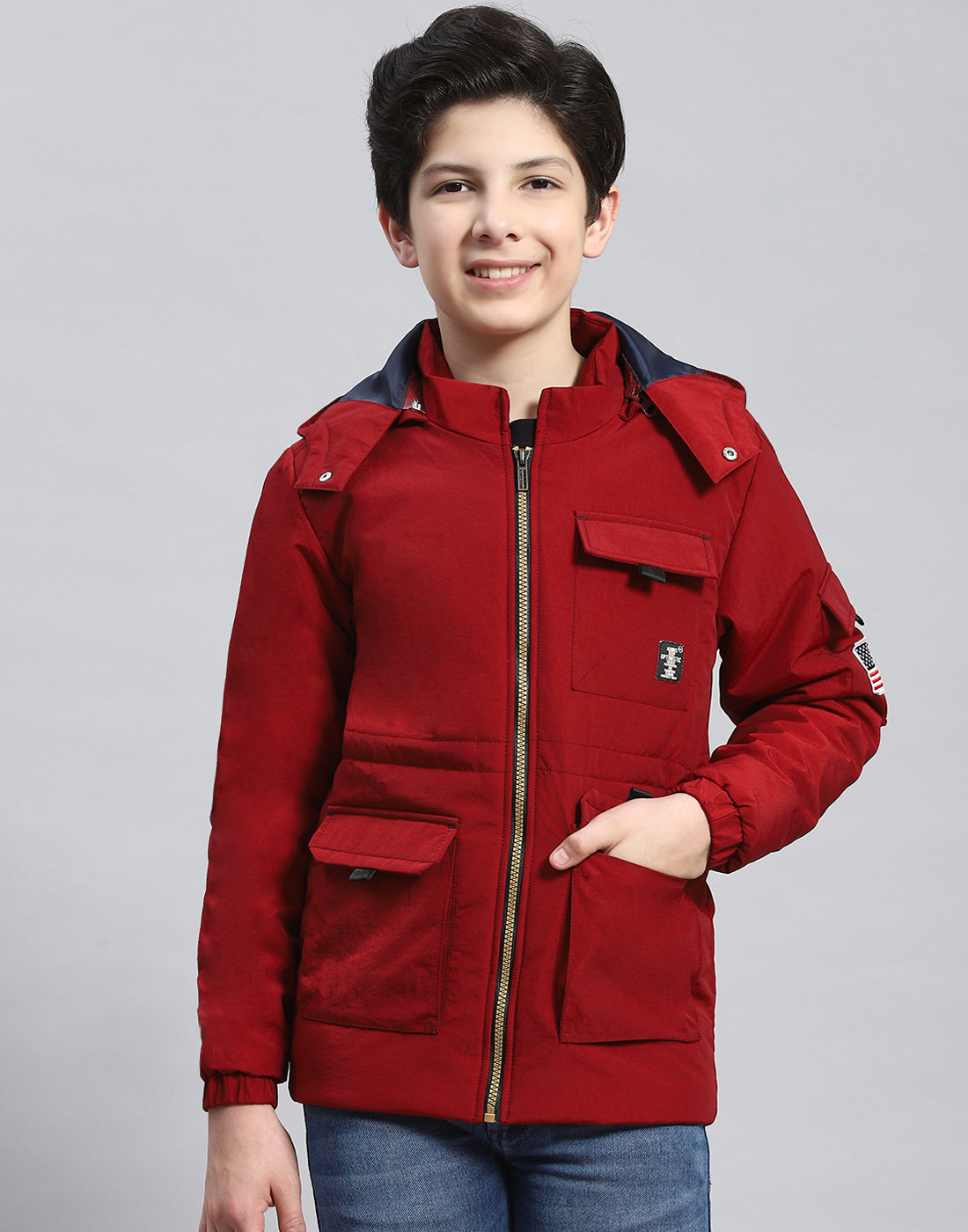 Boys Maroon Solid Hooded Full Sleeve Boys Jacket