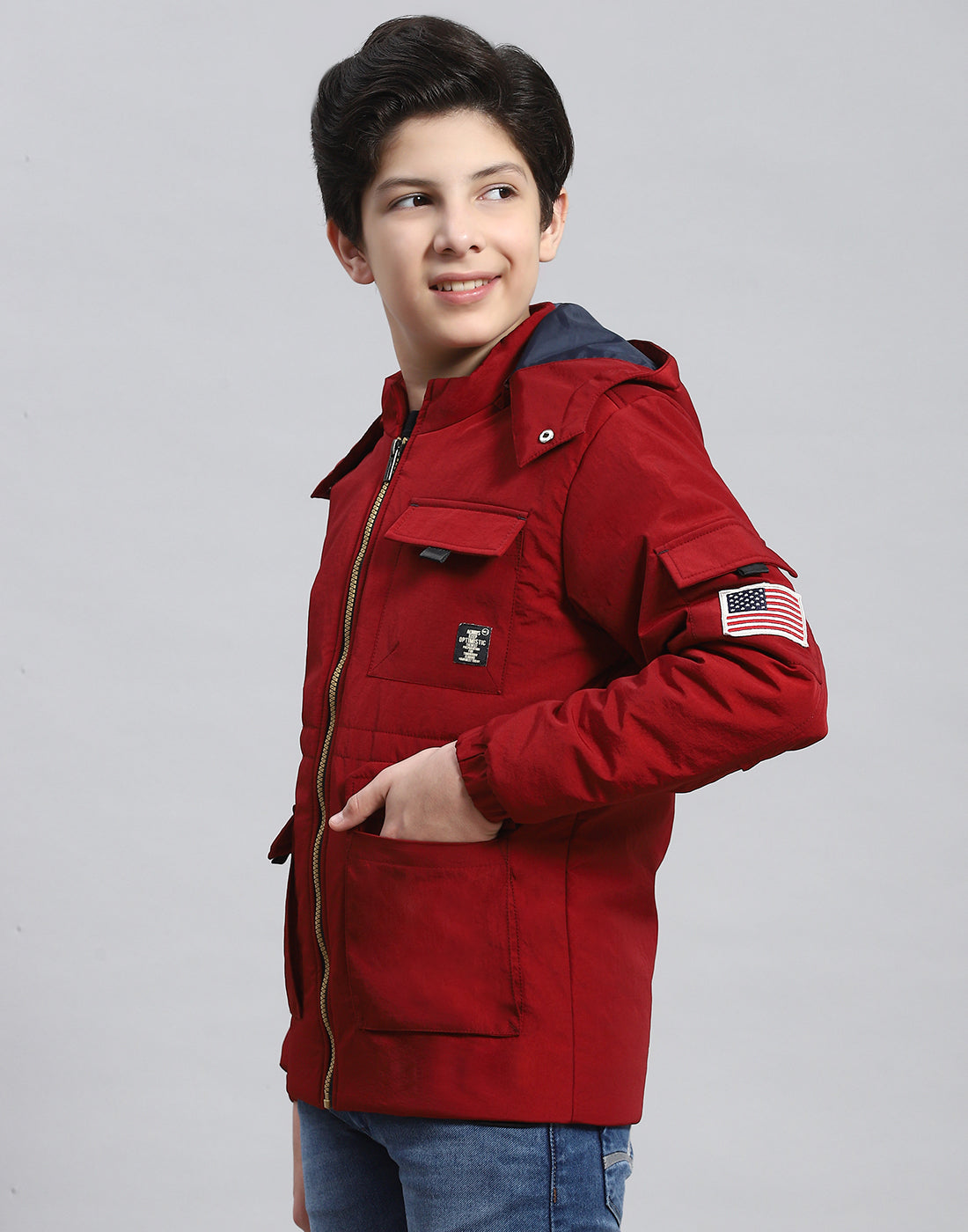Boys Maroon Solid Hooded Full Sleeve Boys Jacket