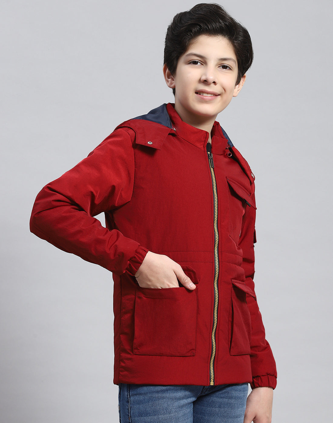 Boys Maroon Solid Hooded Full Sleeve Boys Jacket