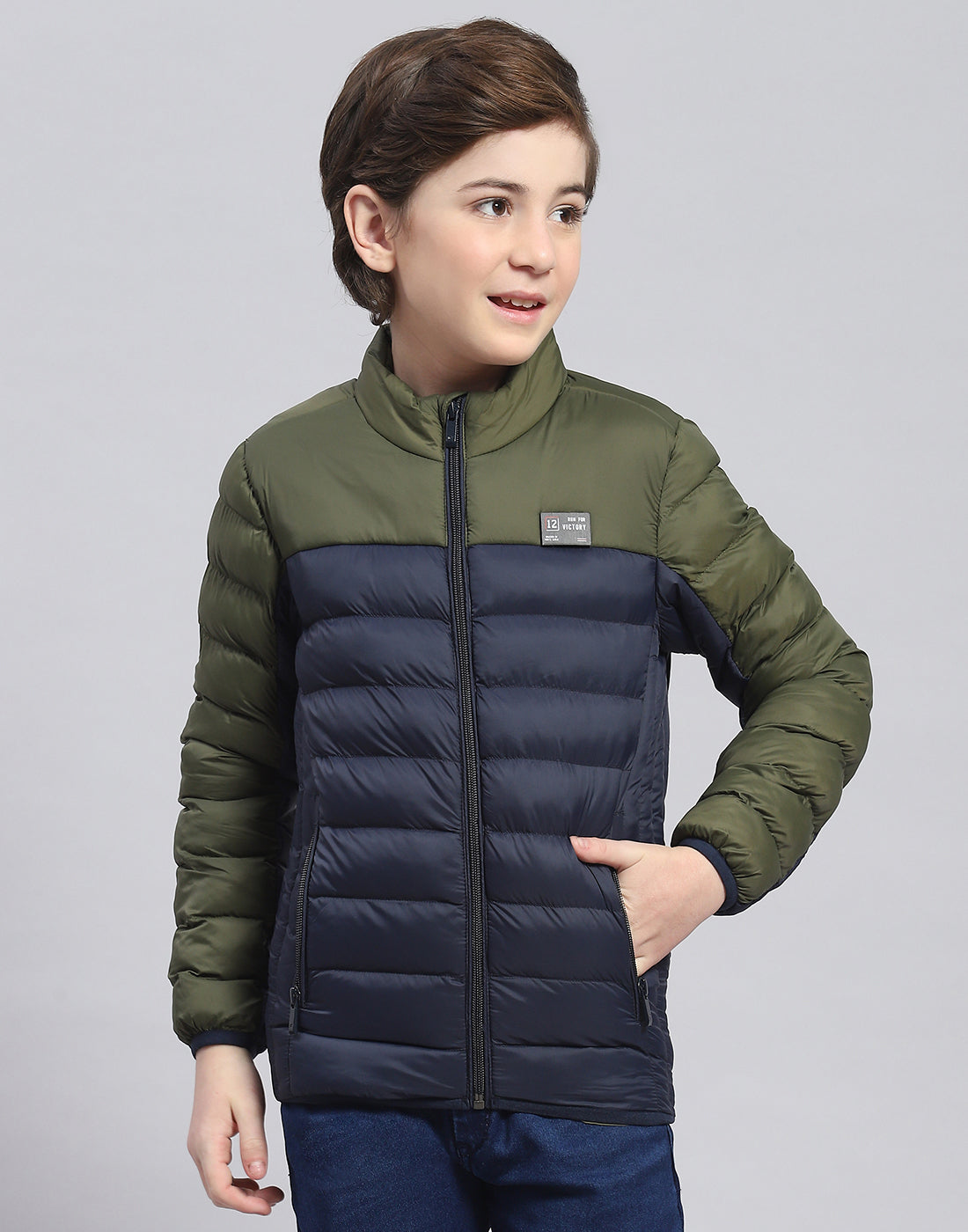 Boys Olive Solid Stand Collar Full Sleeve Boys Jacket