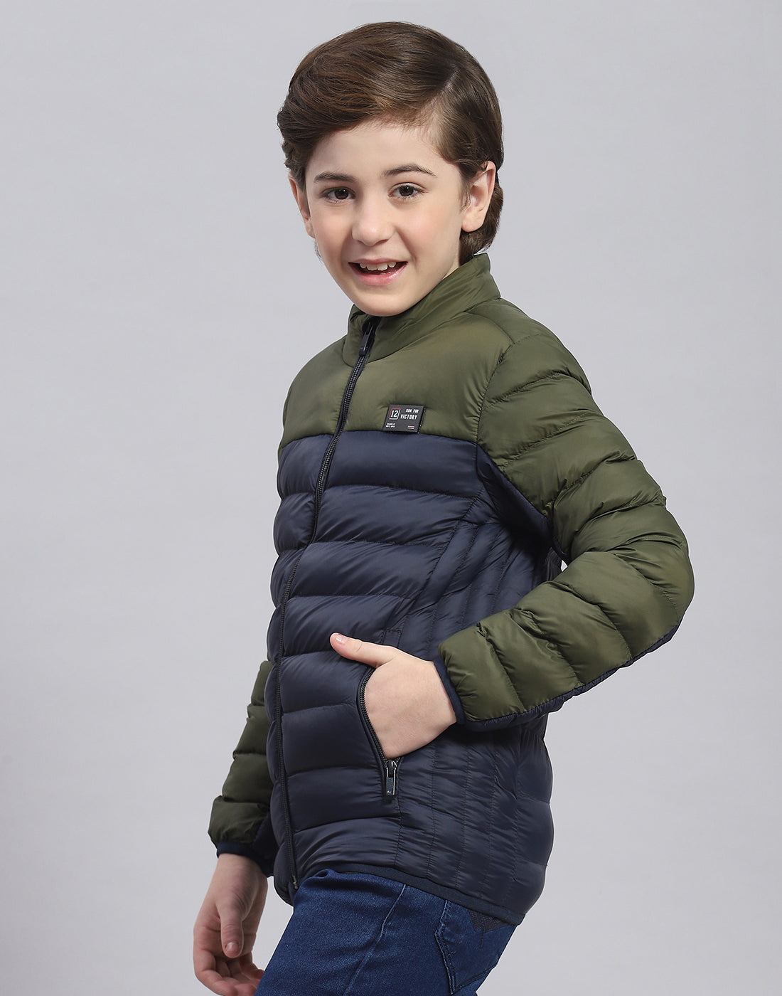 Boys Olive Solid Stand Collar Full Sleeve Boys Jacket