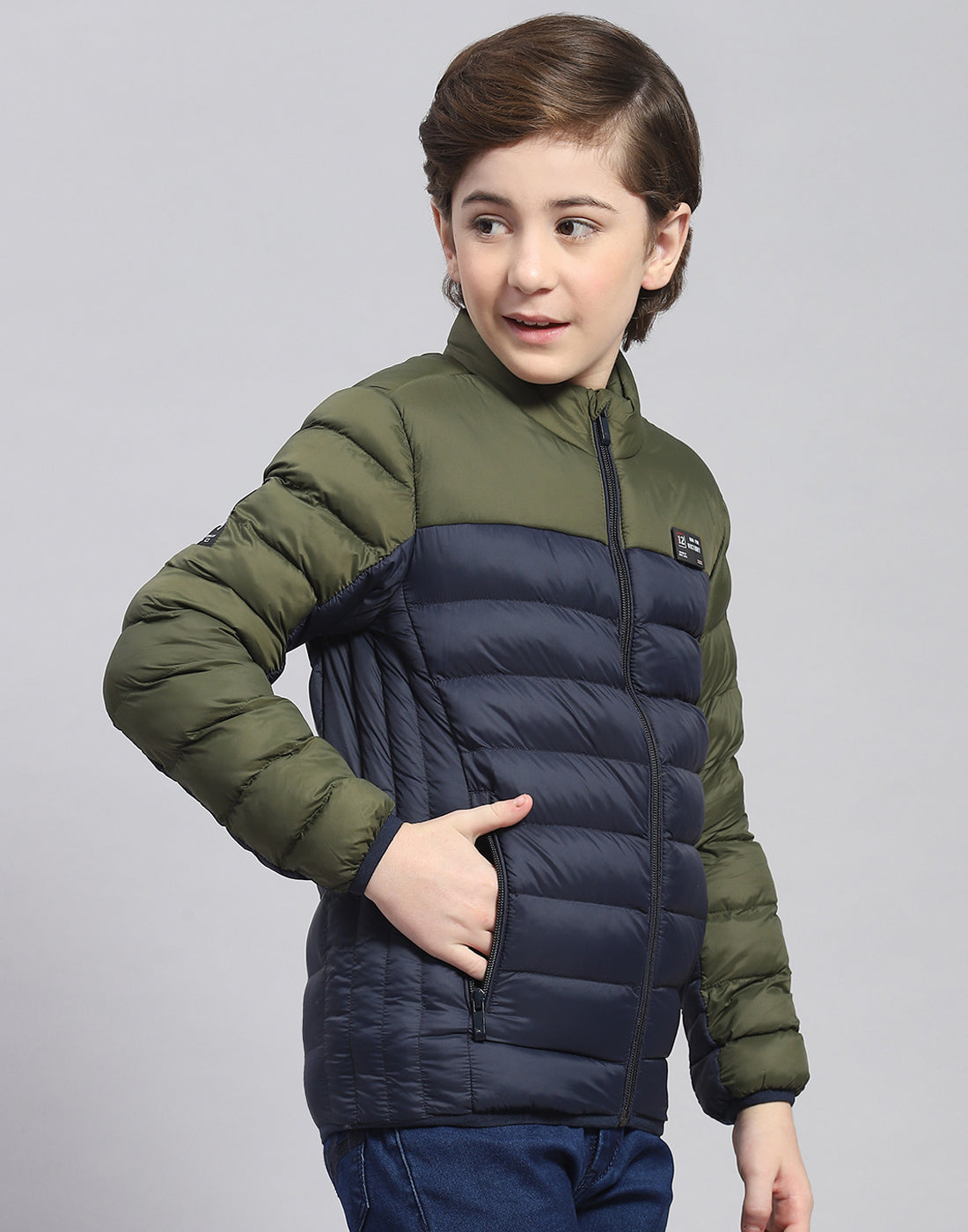 Boys Olive Solid Stand Collar Full Sleeve Boys Jacket